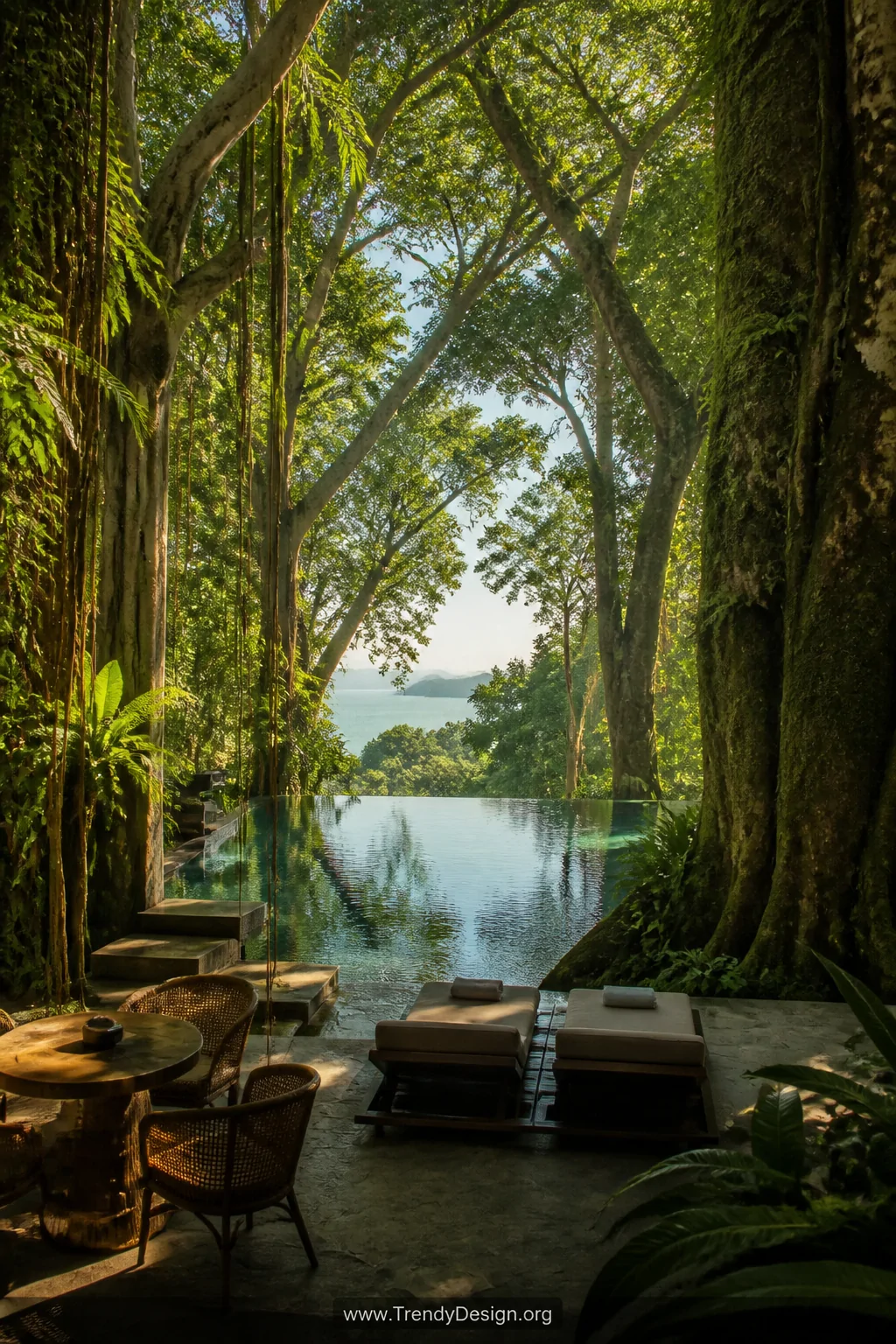 Photorealistic medium shot of The Datai Langkawi's canopy-level infinity pool suspended among ancient rainforest trees, enorm