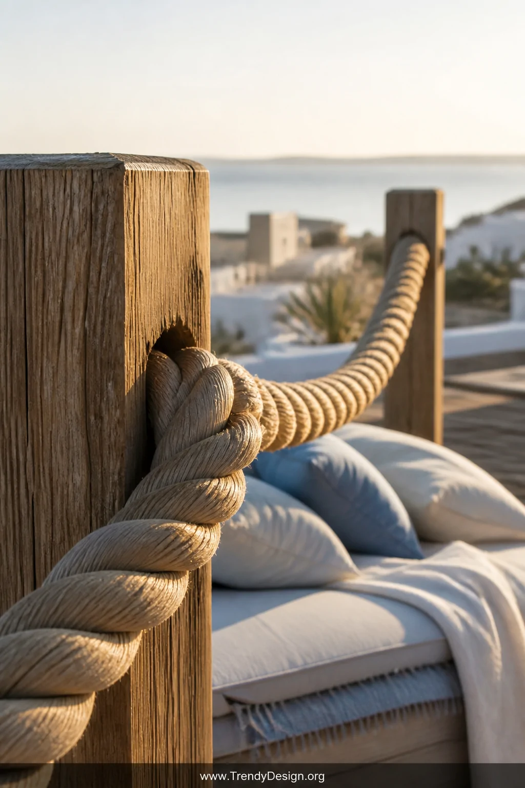Closeup photorealistic shot of a thick twisted natural-toned synthetic rope railing strung between chunky weathered teak post