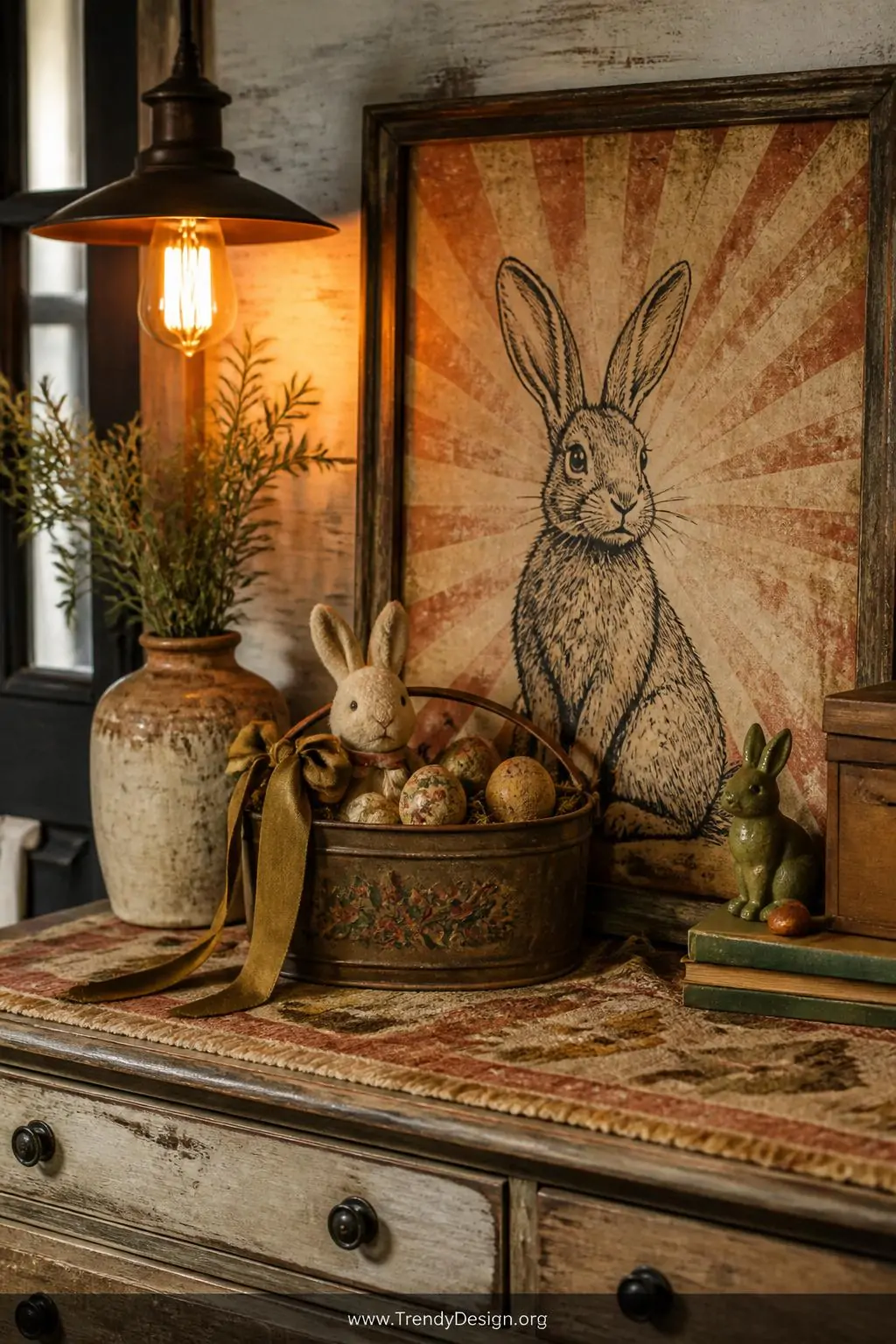 A medium shot of a vintage-styled interior vignette on a distressed wooden dresser top, featuring retro Easter basket objects