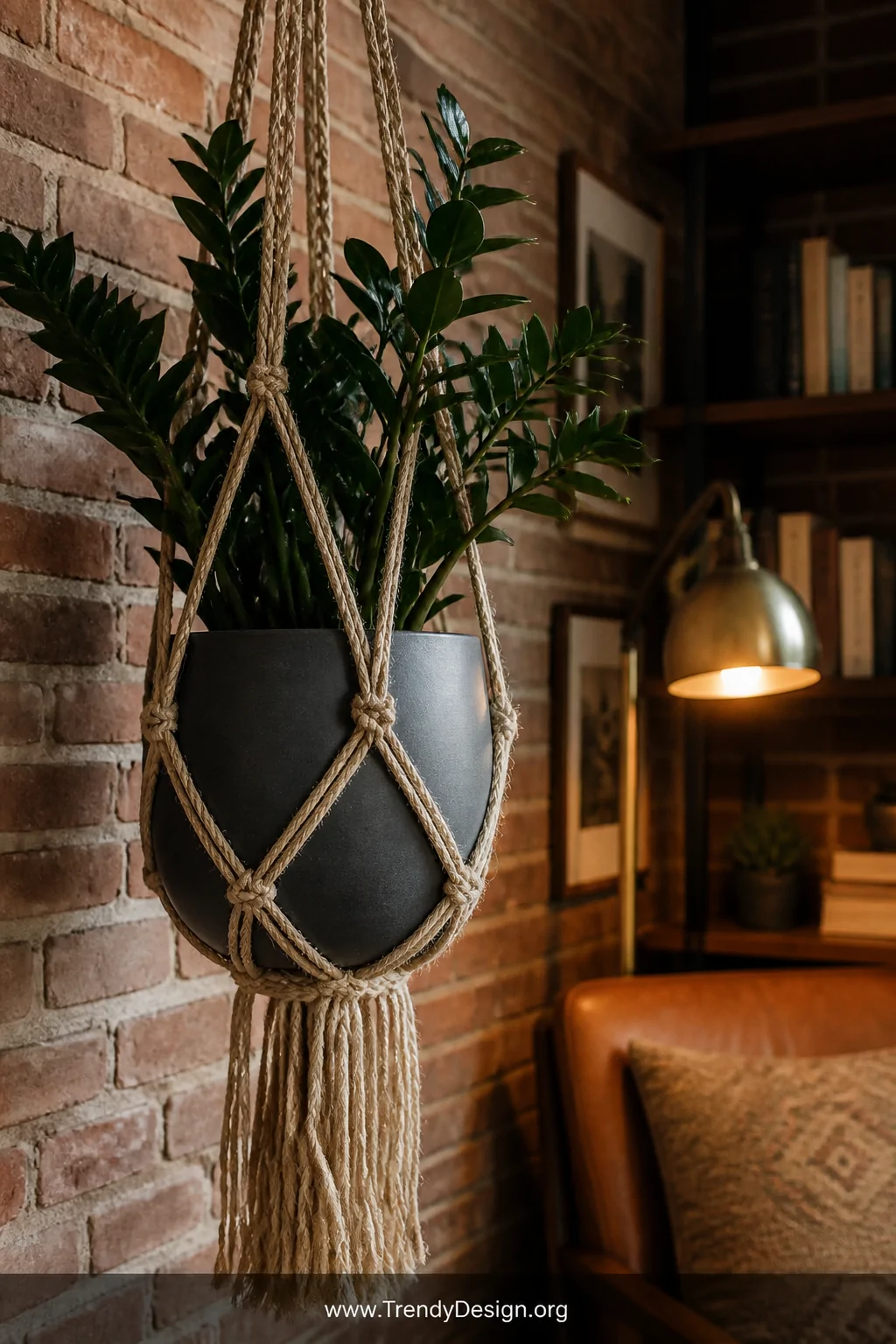 A close-up detail shot of a chunky raw jute rope macrame plant hanger with thick unbrished fringe cradling a dark matte clay 