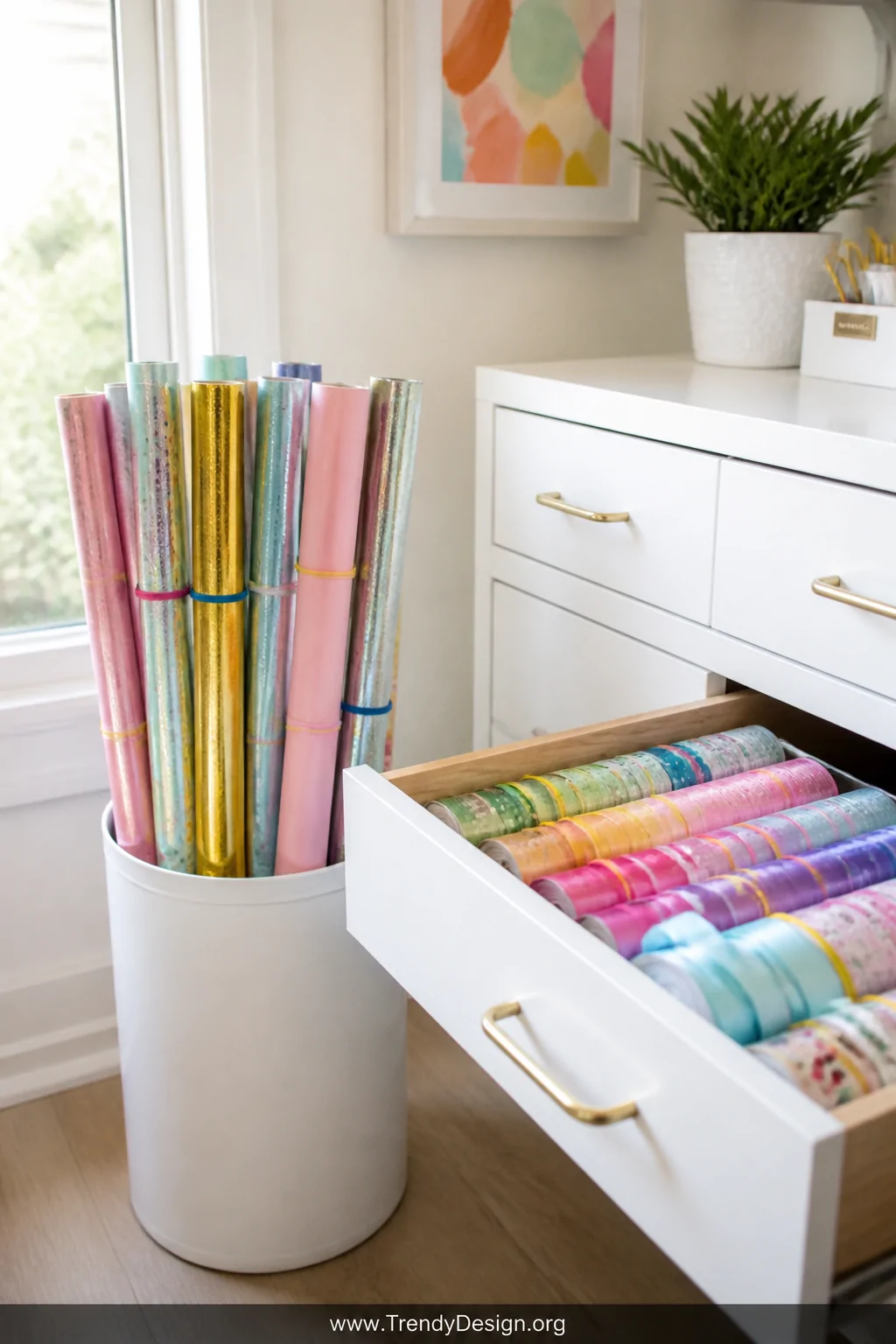 A bright craft room photographed medium-wide, a tall white cylinder bin holding rolls of colorful wrapping paper each secured