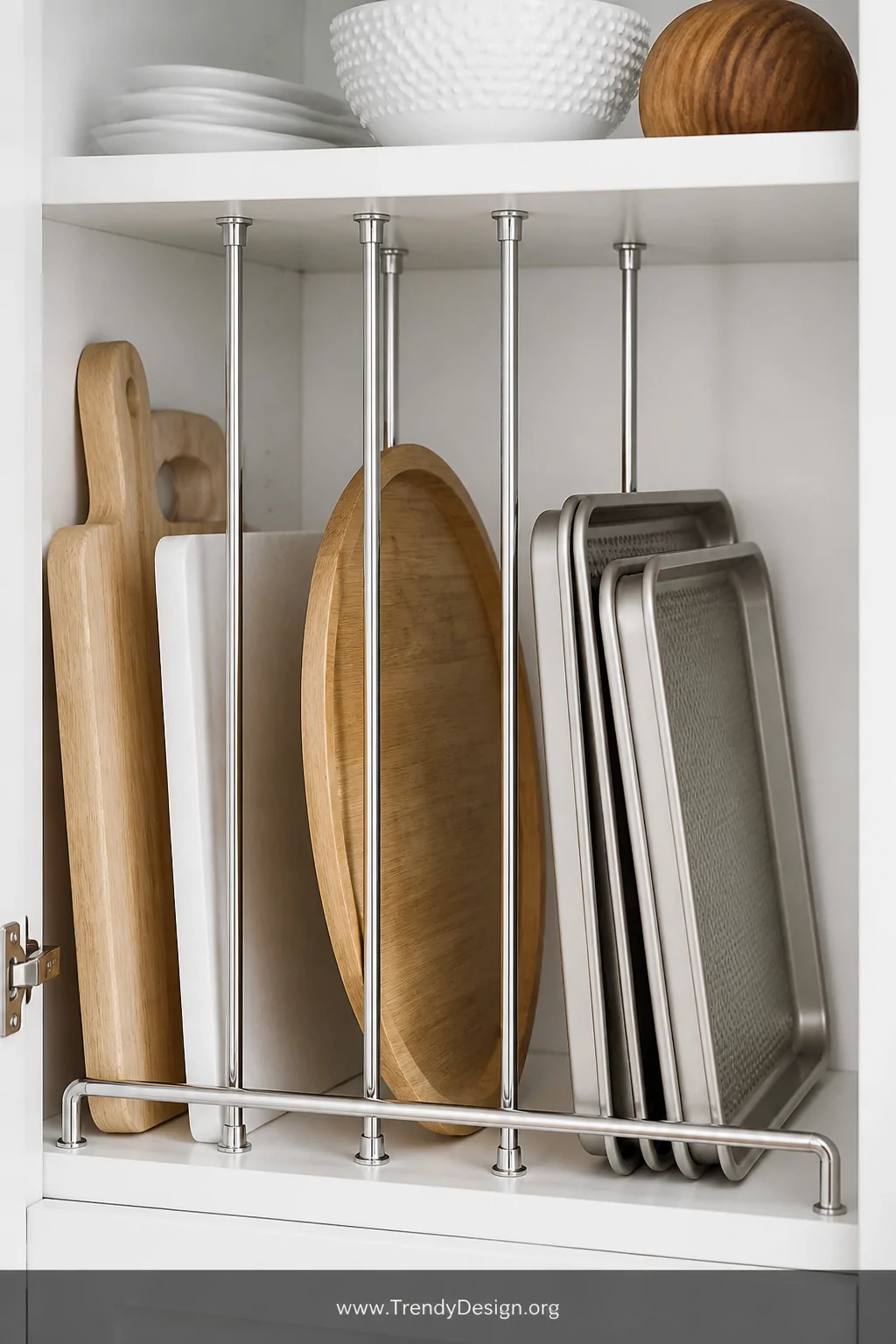 Close-up medium shot inside a white cabinet pantry showing chrome tension rods installed vertically between two white shelves