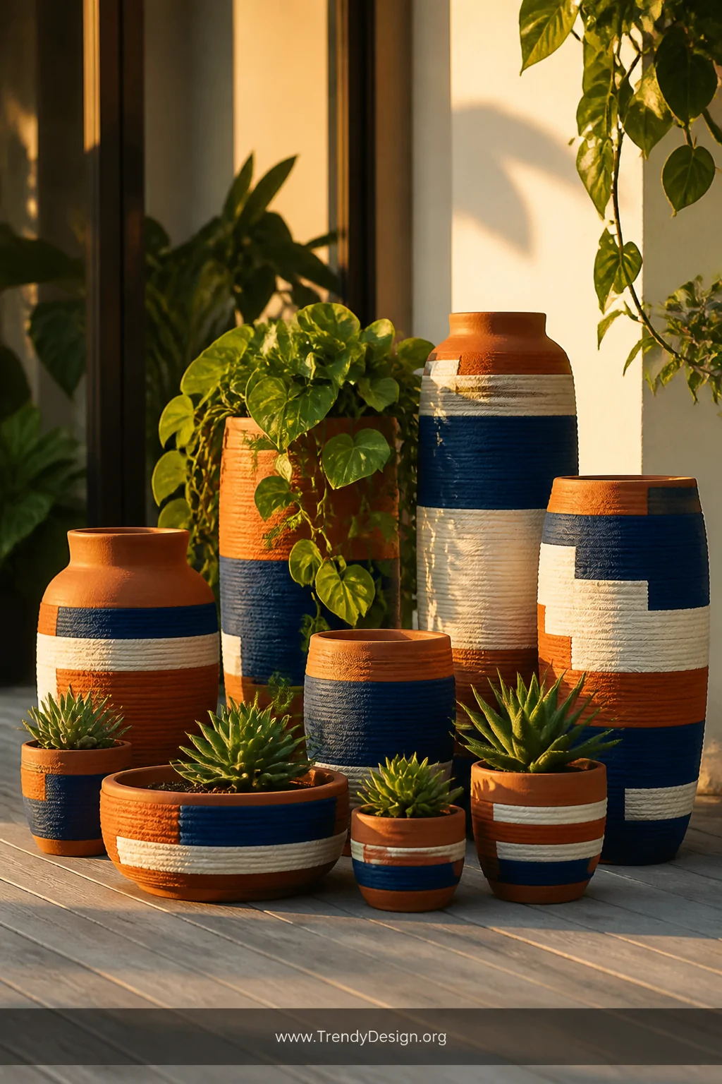 A sun-drenched terracotta pot collection wrapped in bold geometric stripe patterns of cobalt blue, burnt orange, and white ya