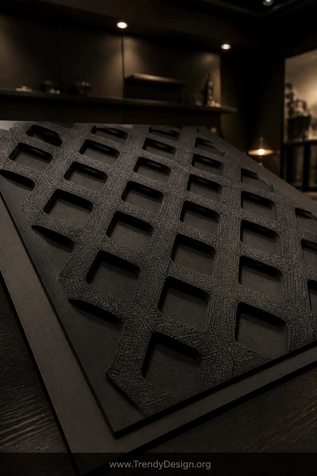 A sophisticated dark-walled creative studio with charcoal matte walls under warm directional recessed lighting, an extreme cl