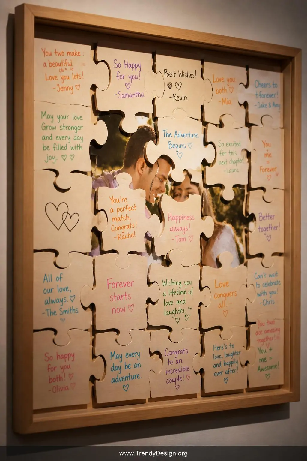 Closeup shot of a large assembled blank wooden puzzle displayed in a natural wood shadow box frame, individual puzzle pieces 