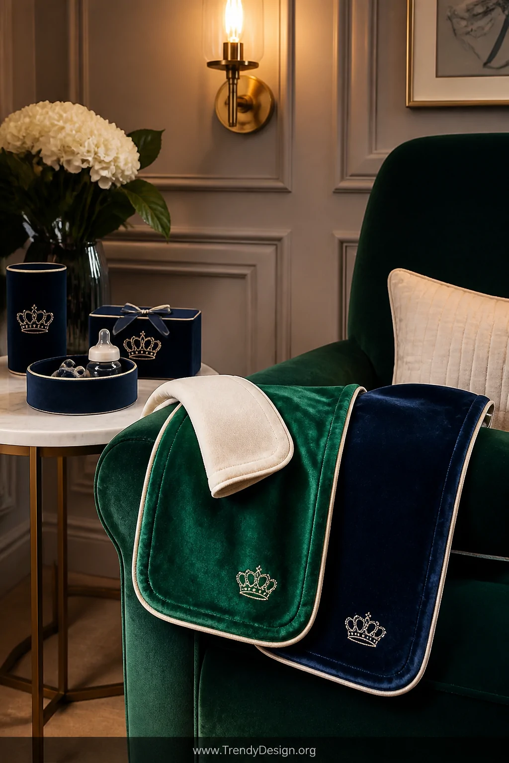 A wide nursery vignette shot of double-sided velvet-backed burp cloths in deep emerald and sapphire jewel tones draped luxuri