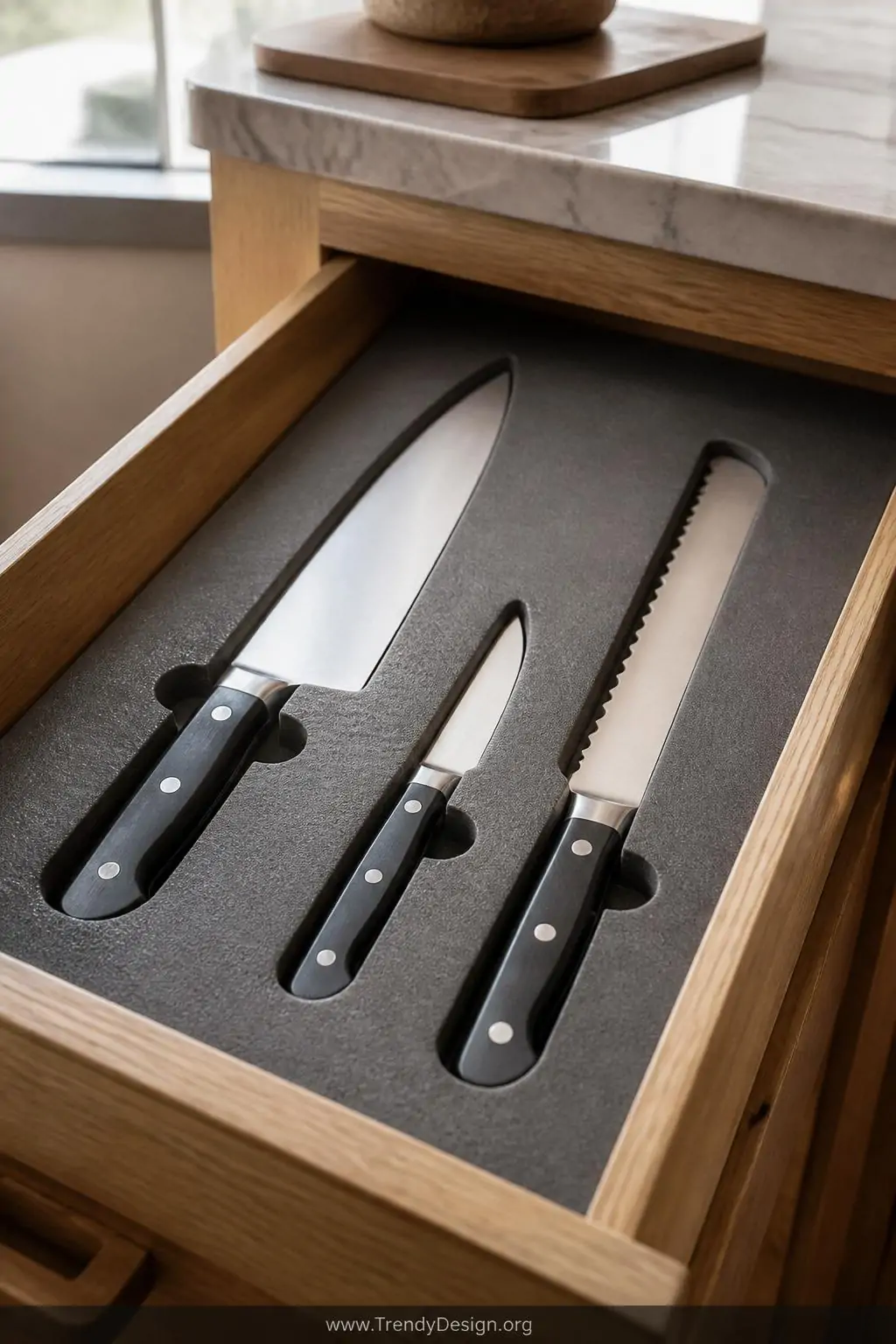 Closeup shot of a custom dense grey foam insert fitted precisely inside a kitchen knife drawer, each knife blade nestled secu