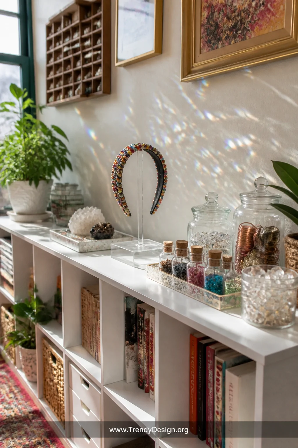 A wide shot of a bright eclectic craft room with a beaded wire headband displayed upright in a small clear acrylic stand on a