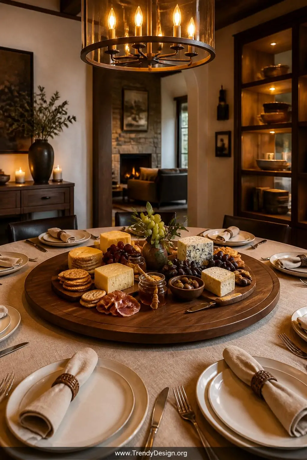 A warm wide dining room scene centers on a rich dark walnut lazy Susan atop a linen-draped table elegantly loaded with a char