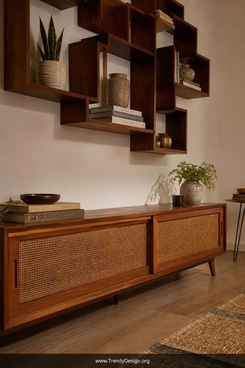 Closeup shot of a long low teak media console with sliding cane-front doors, floating geometric walnut wall shelves above dis