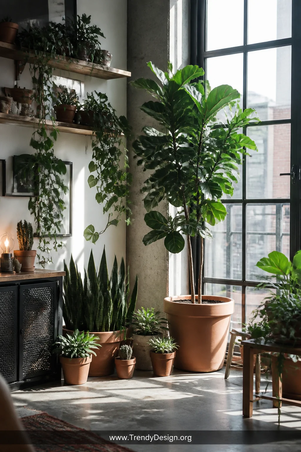 Wide photorealistic shot of a sunlit loft corner filled with abundant indoor plants, a tall fiddle leaf fig in a terracotta p