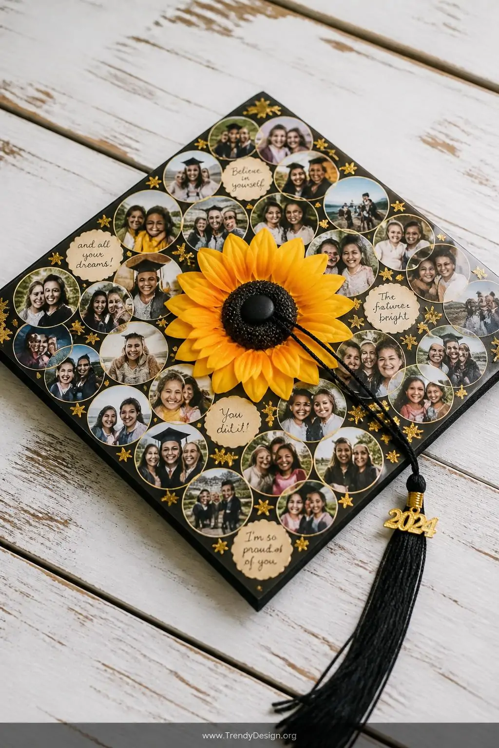 A wide photorealistic flat lay of a graduation cap on a weathered white wood surface, a large central faux sunflower anchorin