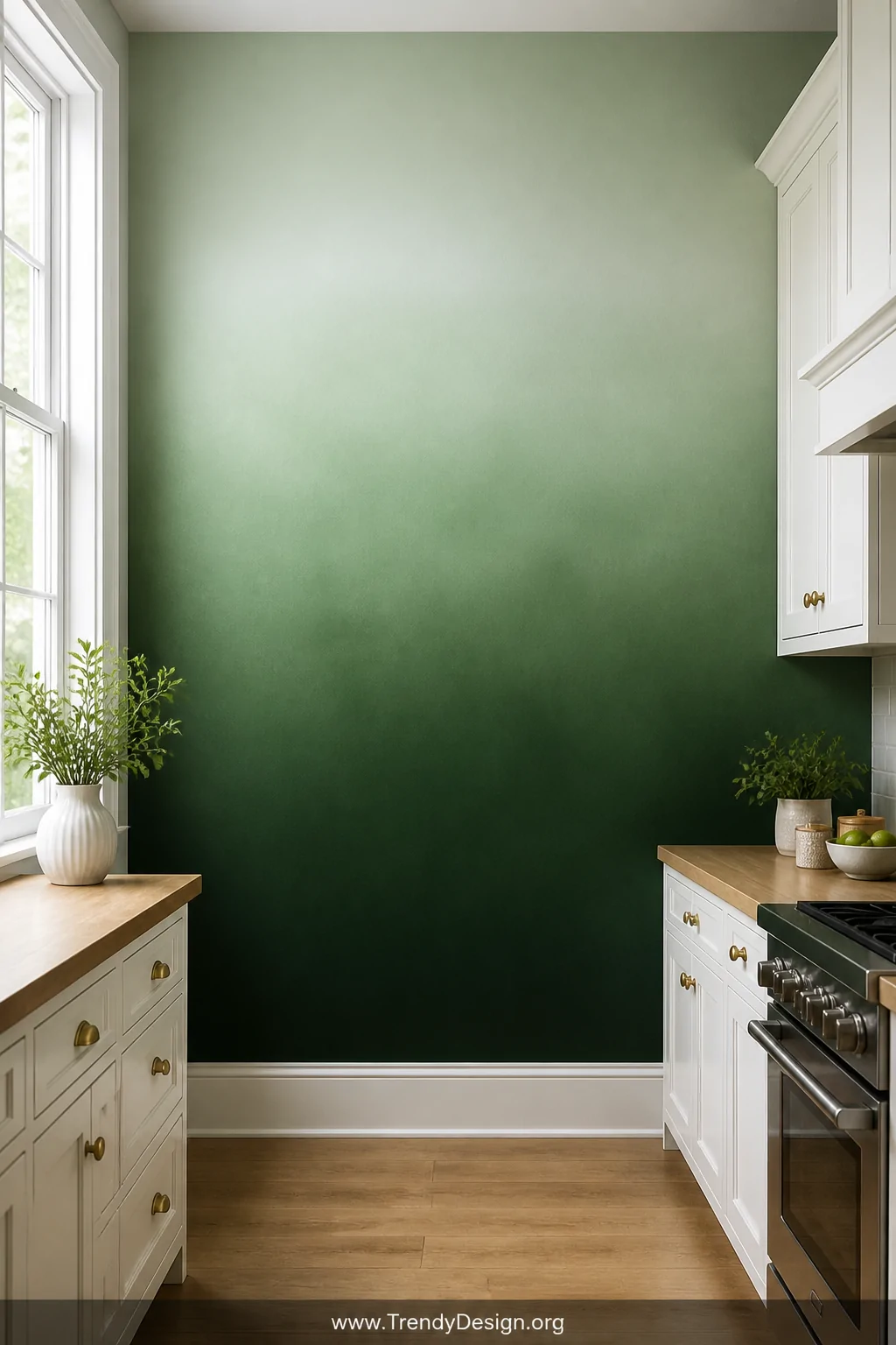 A wide kitchen shot showcasing an ombre painted green apron board transitioning from deep forest green at the counter level s