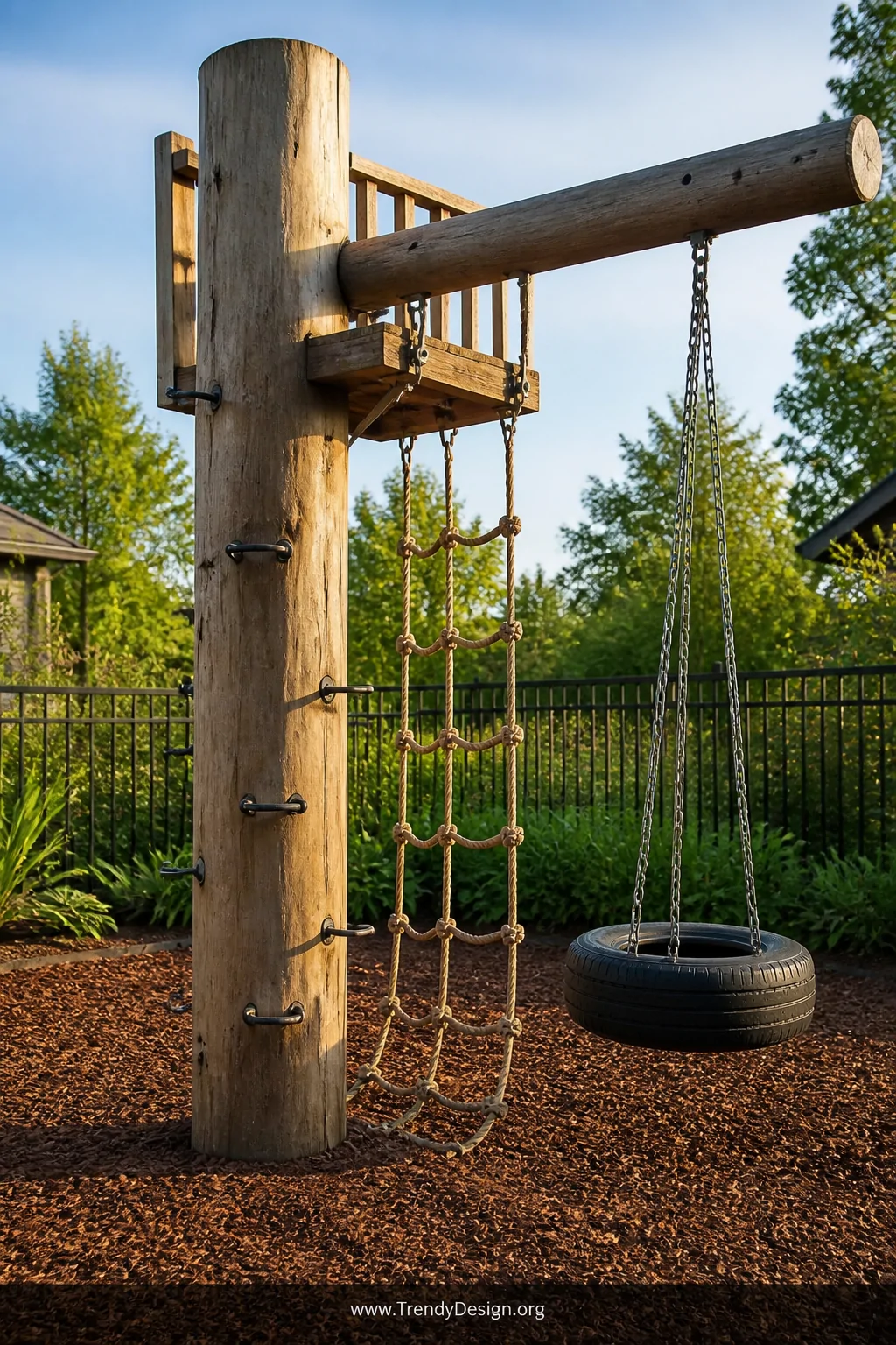 Wide photorealistic exterior backyard shot of a natural wooden children's climbing structure built around a stout sanded tele