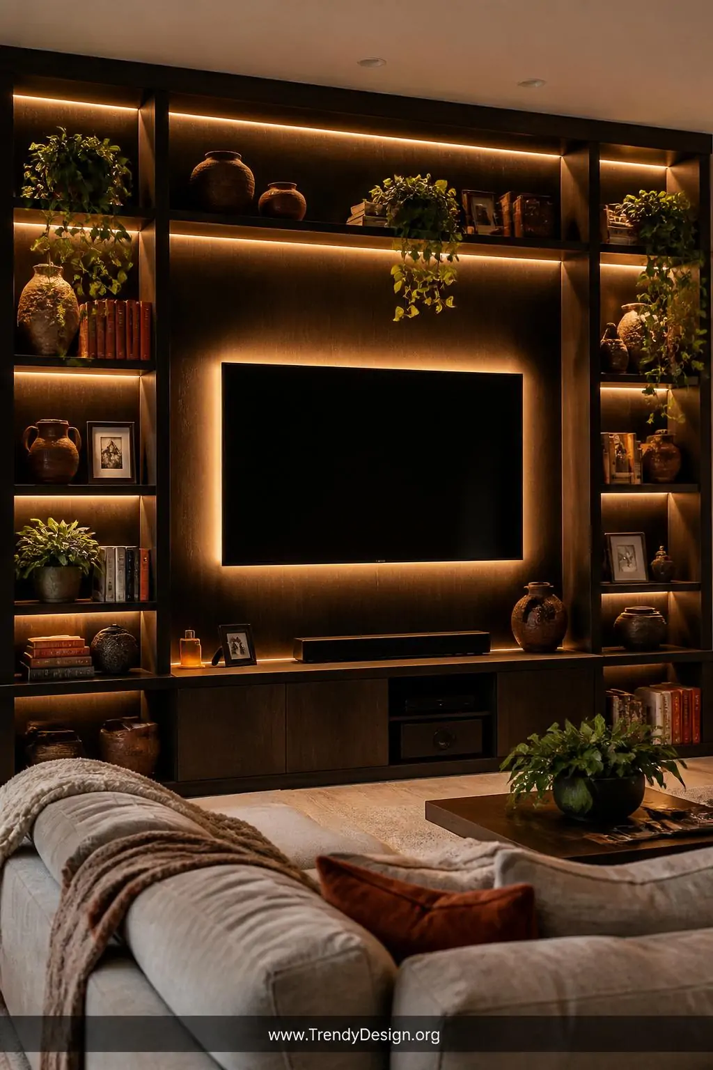 Wide shot of a dramatic living room entertainment wall built from dark espresso wood shelving surrounding a large flat-screen