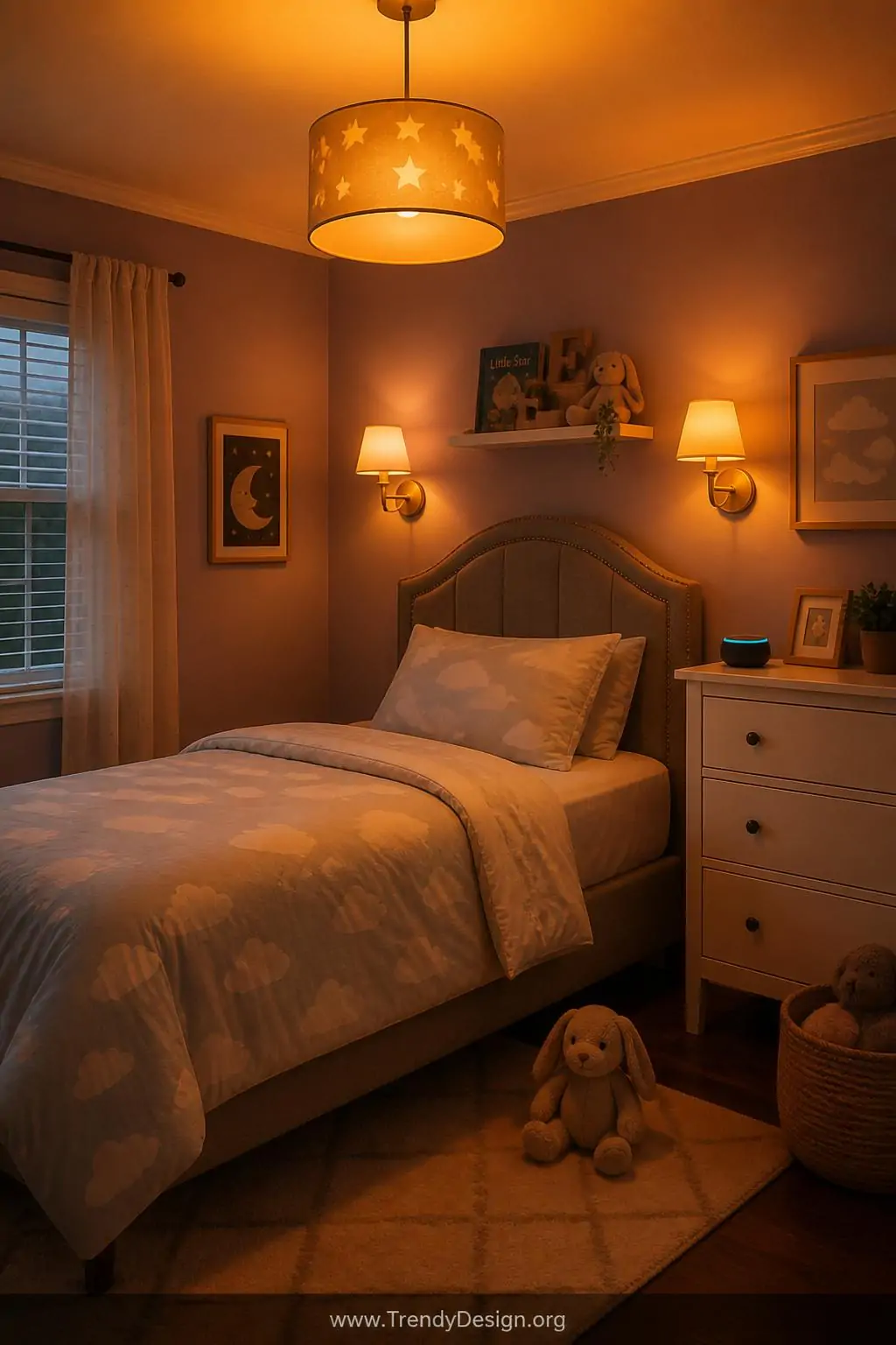 Wide photorealistic interior shot of a beautifully styled child's bedroom with smart bulbs installed in a ceiling pendant and