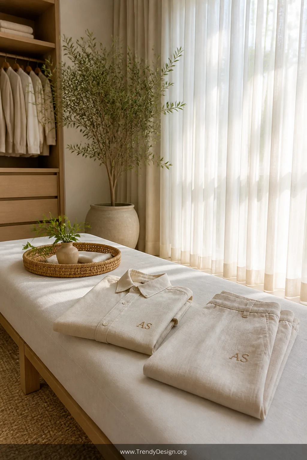 A wide room shot of a folded matching cream linen shirt and tailored trousers set arranged on a minimalist white linen bench 