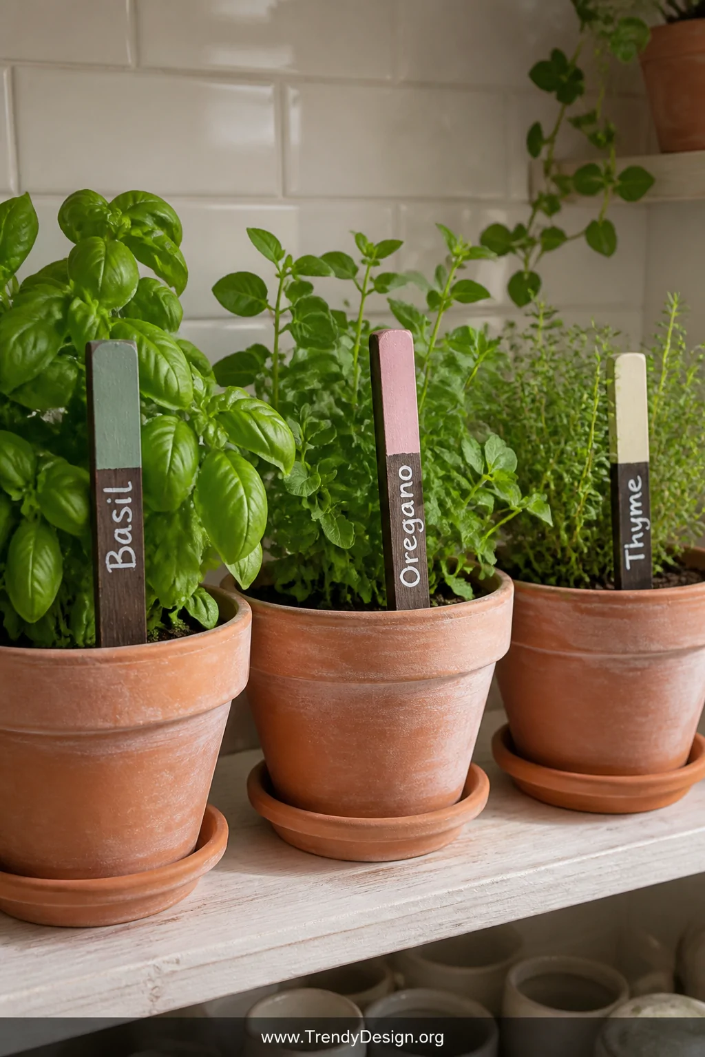 A sun-filled indoor herb shelf styled with terracotta pots of lush green basil, oregano, and thyme, each marked by a slender 