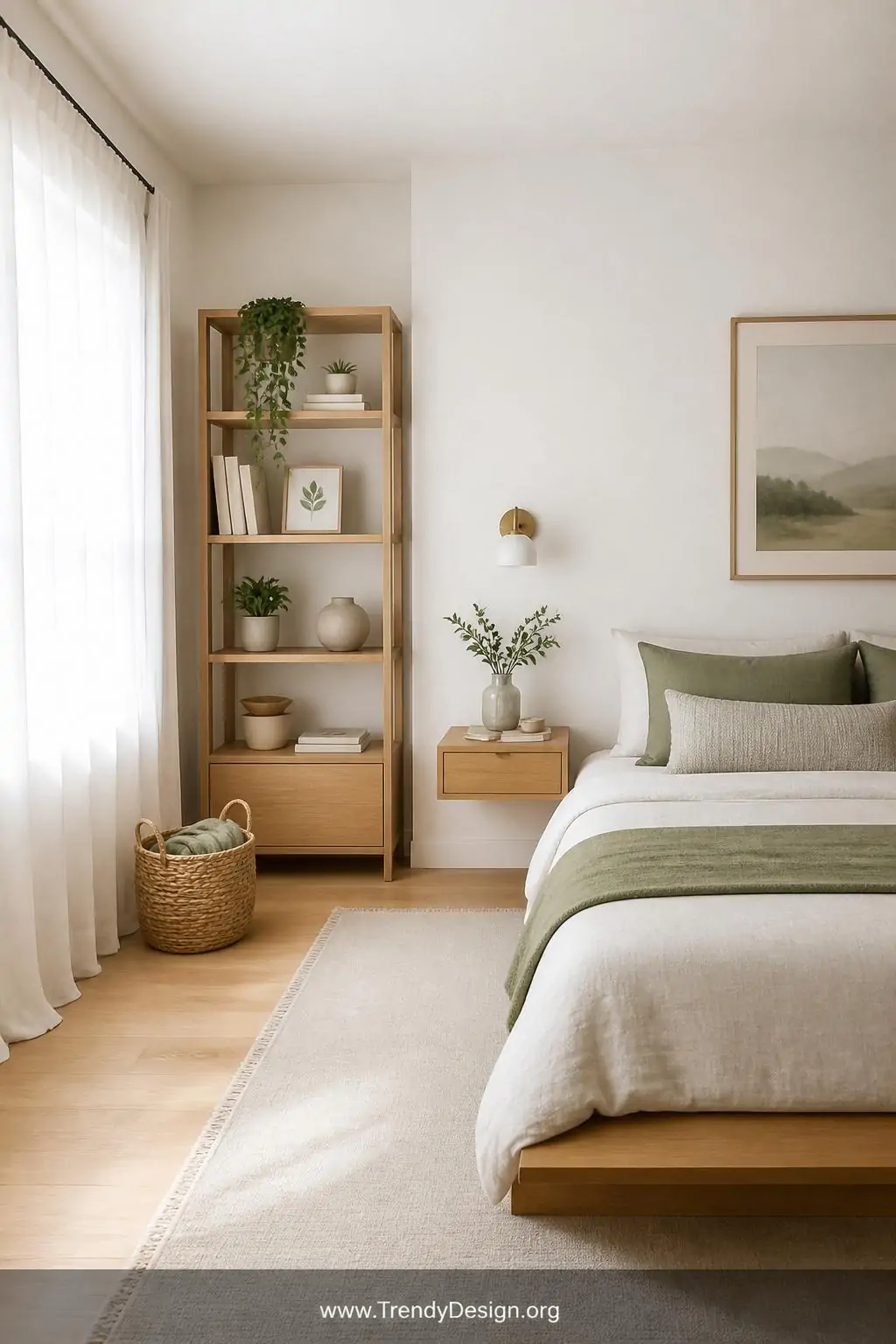 Wide-angle photorealistic interior design shot of a serene decluttered small bedroom bathed in soft cool morning light from s