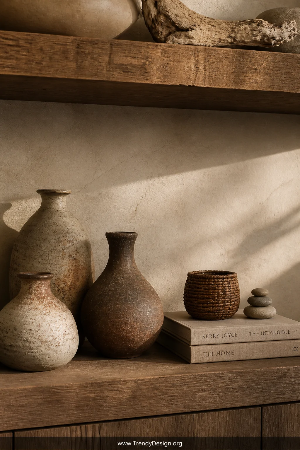 Closeup detail photorealistic shot of a styled wooden shelf displaying a group of three hand-thrown ceramic vases with organi