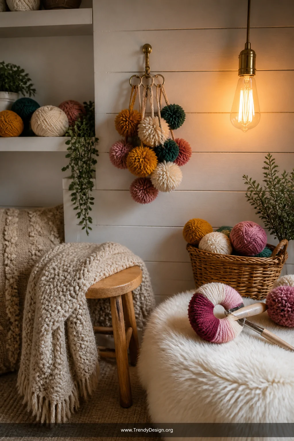 A cozy textile-rich craft corner with a chunky knit throw draped over a natural wood stool, clusters of finished yarn pom-pom