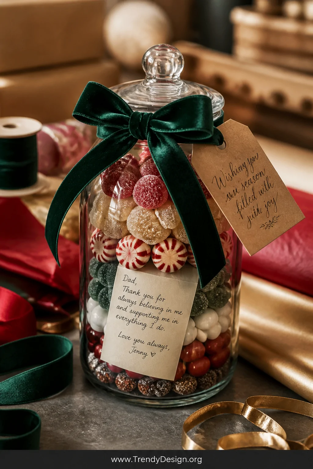 A detail closeup of a beautifully styled gift-ready glass jar filled with layered colorful candies, sealed with a deep forest