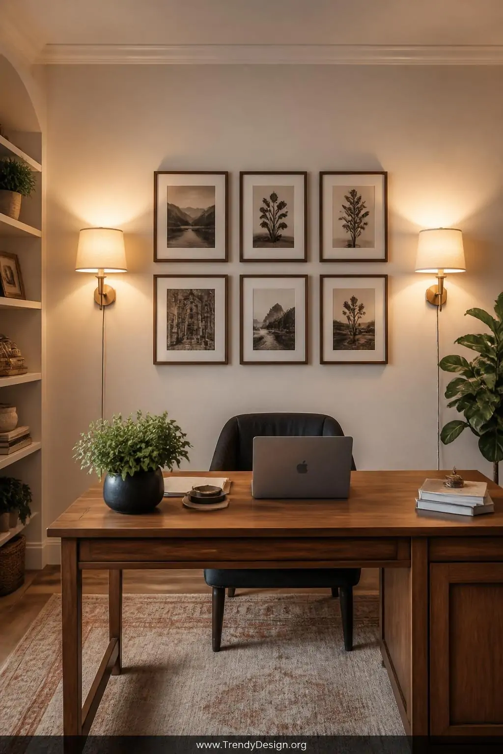Medium wide shot of a cozy home office with two plug-in fabric wall sconces mounted at eye level flanking a gallery wall of f