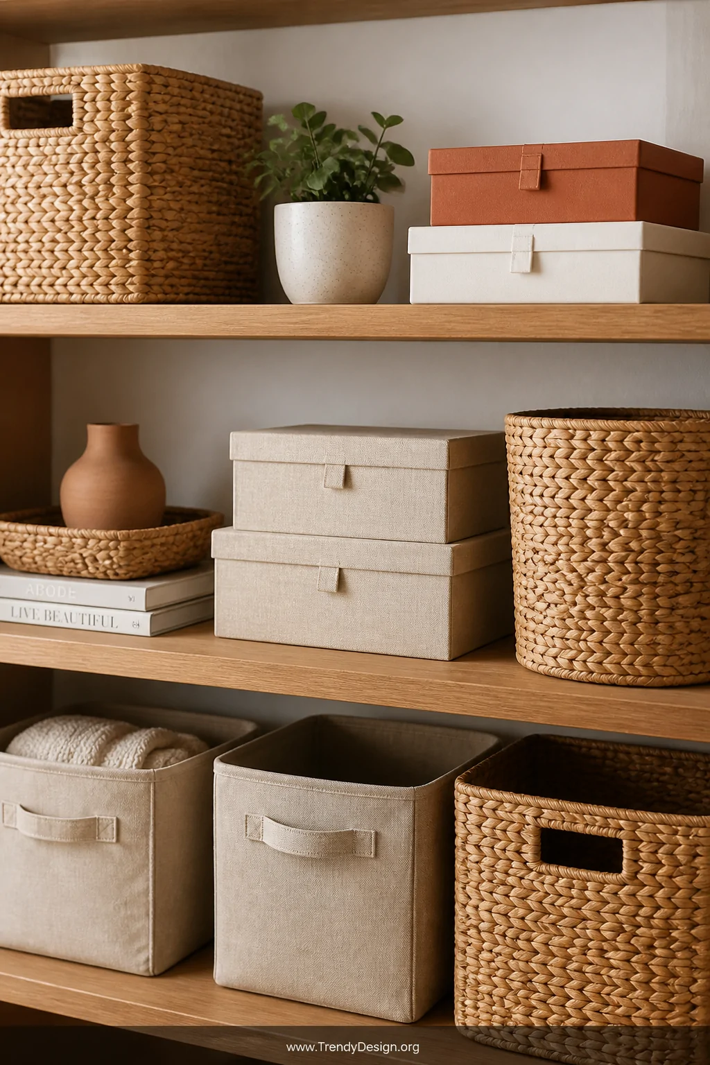 Medium shot of a styled open shelf displaying a curated grouping of woven seagrass baskets, matching linen fabric bins in war