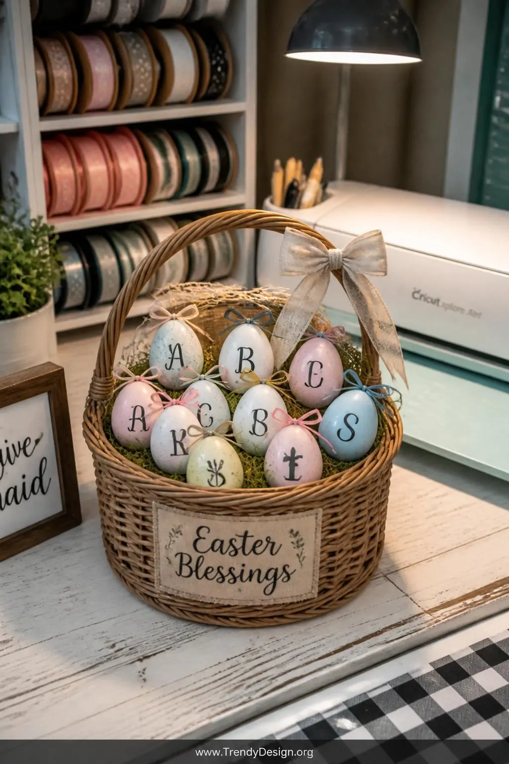 A closeup of a charming craft room display table showing a hand-lettered Easter basket decorative piece filled with miniature