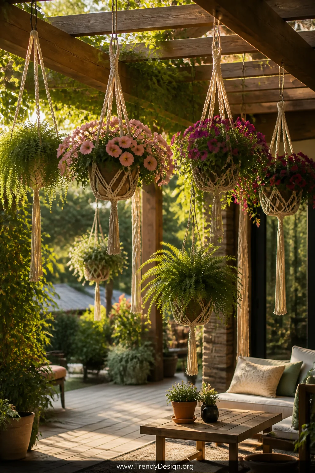 A wide outdoor shot of a sun-drenched wooden pergola on a patio with multiple weatherproof macrame plant hangers in natural t