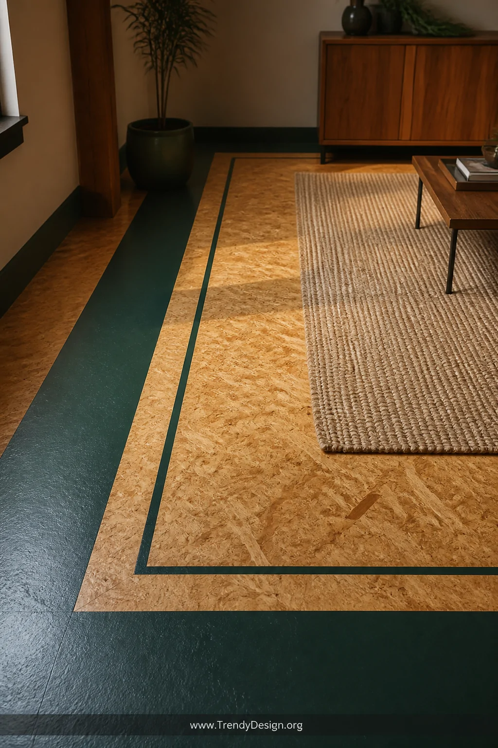 Medium photorealistic interior shot of an OSB floor featuring a wide deep forest green painted border approximately twelve in