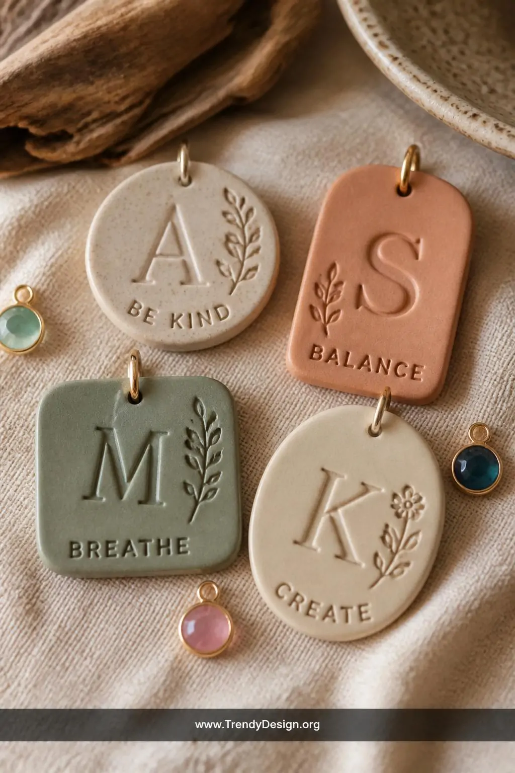 A closeup shot of personalized initial and word polymer clay pendants in earthy neutral tones with clean stamped typography a
