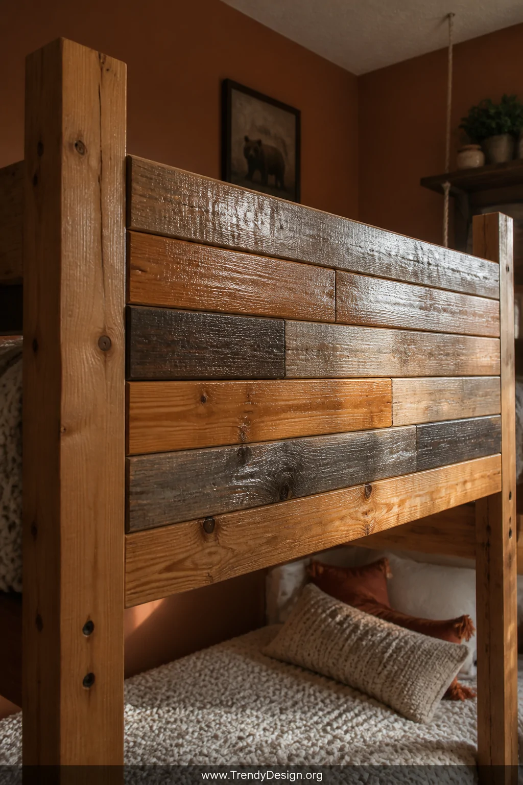 Wide shot of a rustic bunk bed guard rail built from reclaimed pallet wood planks arranged in a staggered horizontal pattern 