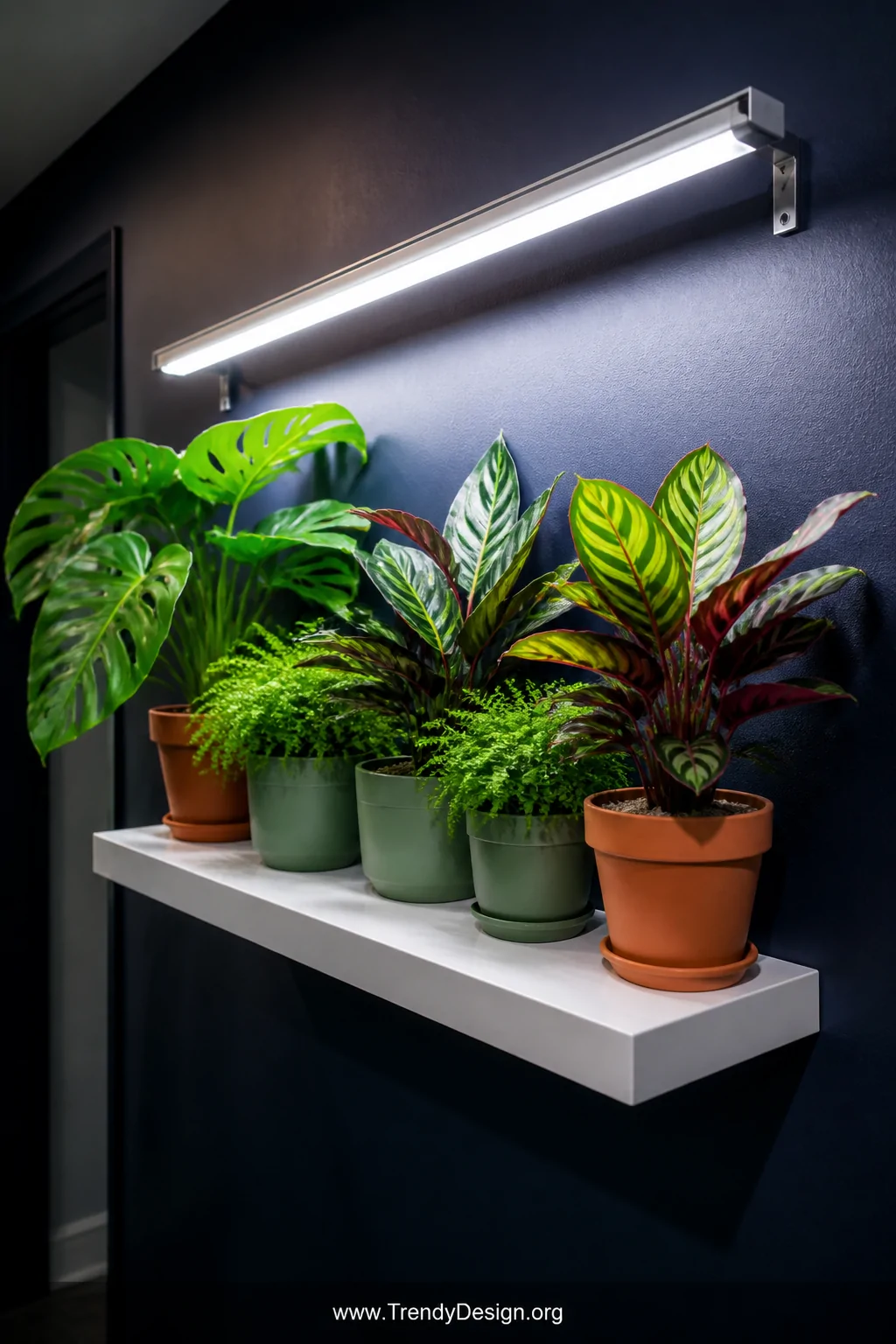 A floating white lacquer shelf mounted on a deep navy blue wall in a windowless hallway, holding five thriving plants includi