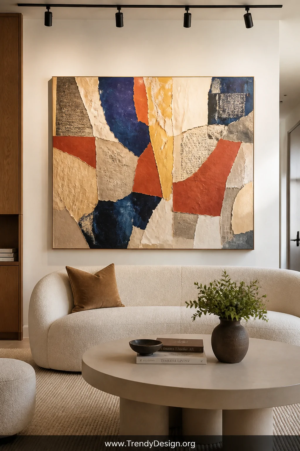 Wide shot of a bright contemporary living room featuring a large canvas board collage artwork mounted above a curved cream ve