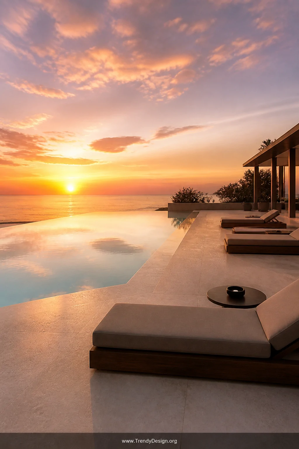Photorealistic wide-angle dawn shot of Amanyara's infinity pool on its limestone bluff, Turks and Caicos Caribbean water turn