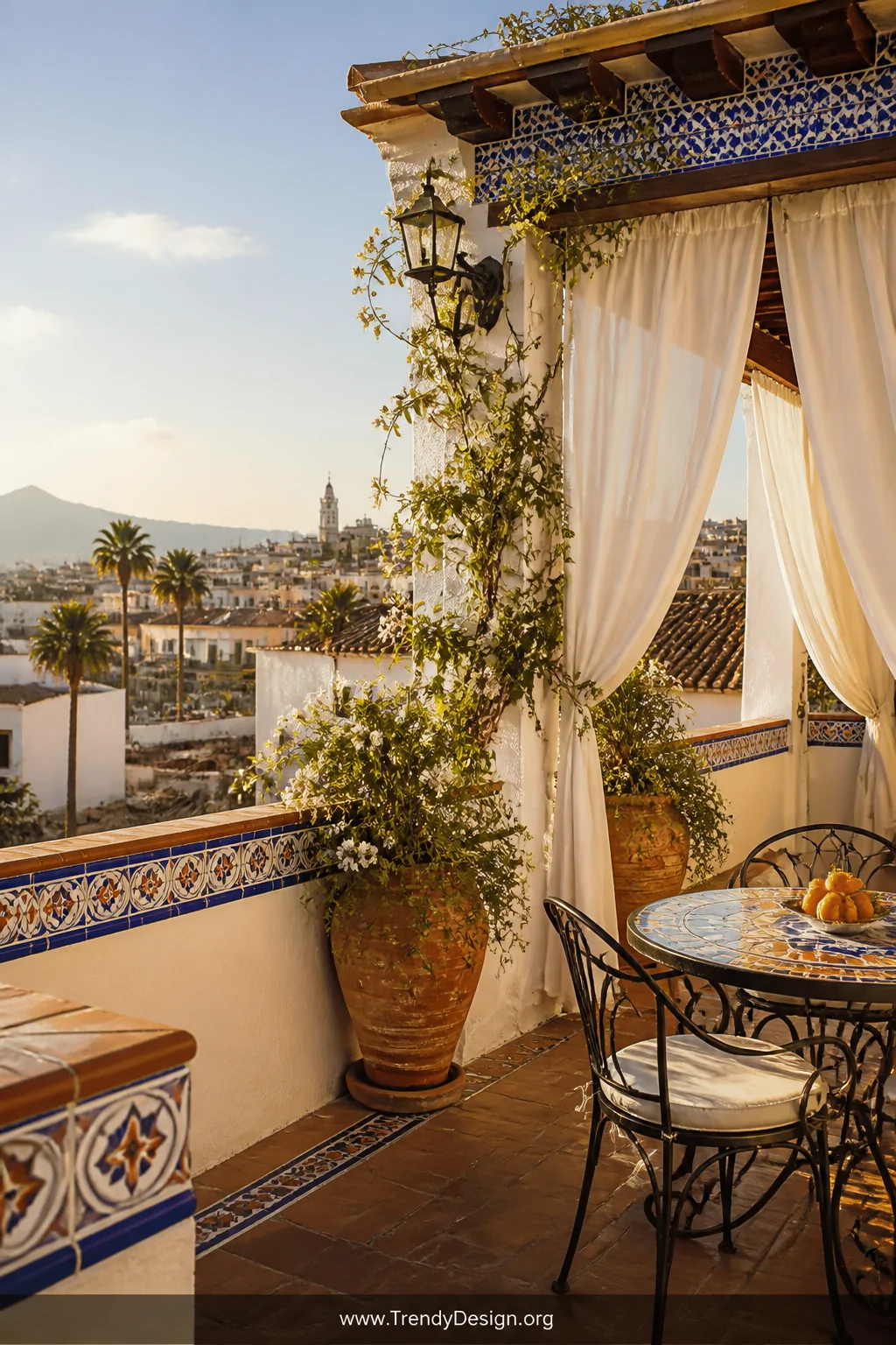 Wide-angle photorealistic shot of a sun-drenched Mediterranean rooftop terrace enclosed by thick smooth white stucco railing 