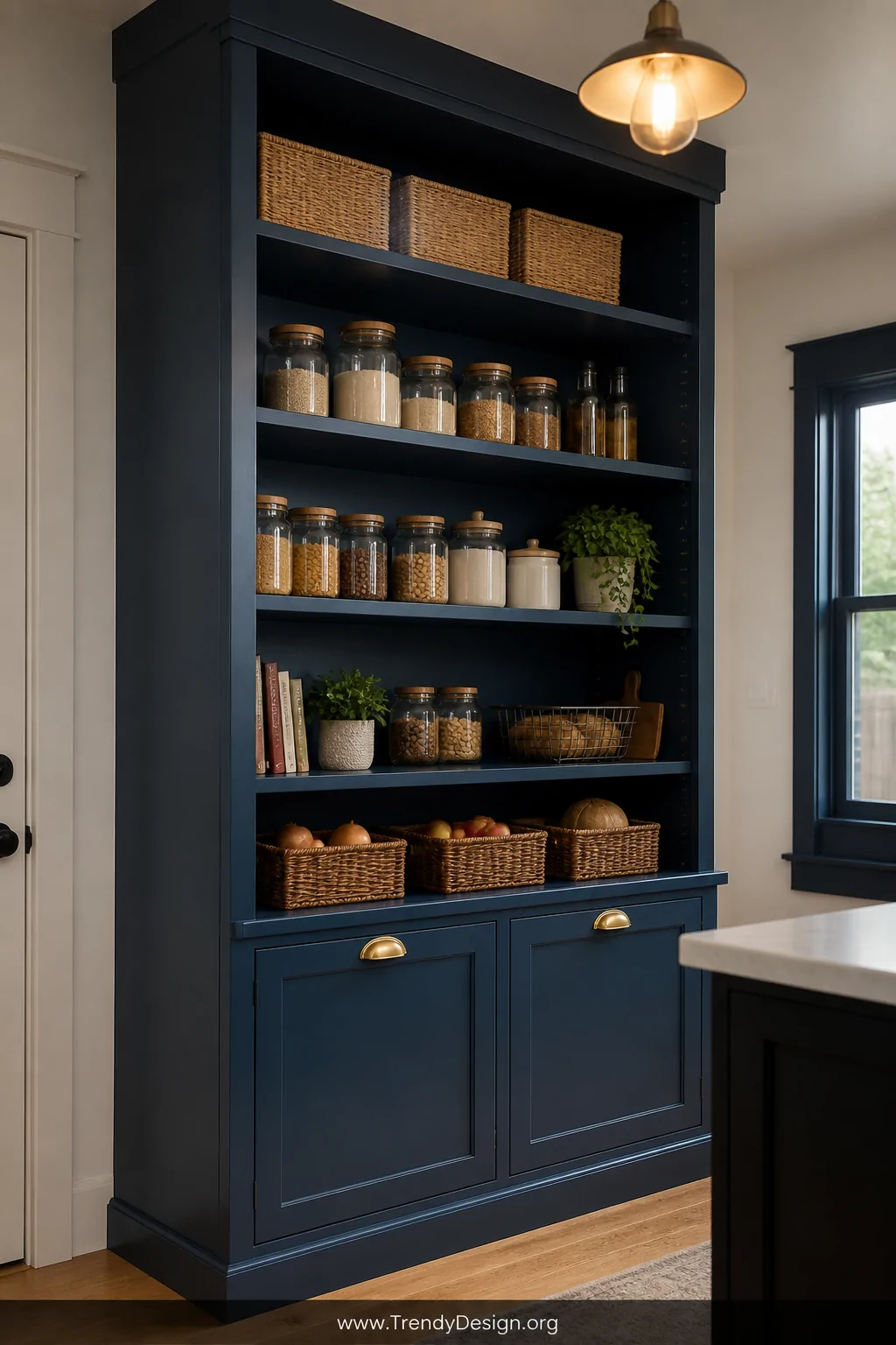 Wide shot of a freshly built floor-to-ceiling DIY plywood pantry cabinet in a clean kitchen corner, cabinet-grade plywood pai