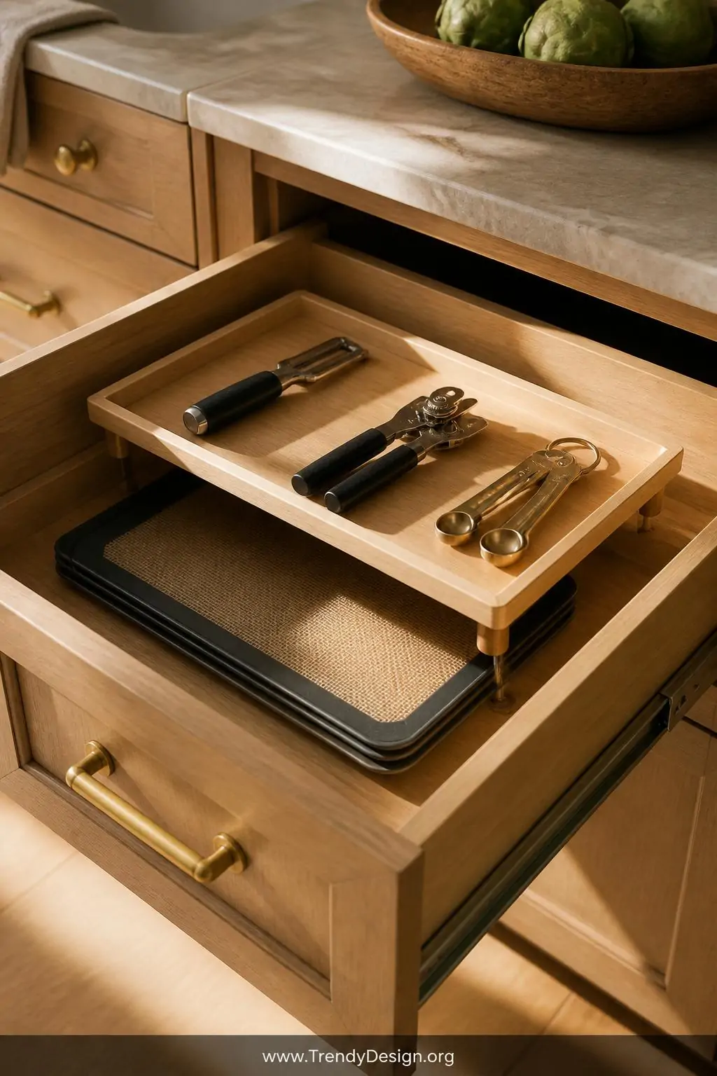 Medium shot of a kitchen drawer opened to reveal a two-tier floating tray insert system with a removable light maple wood tra