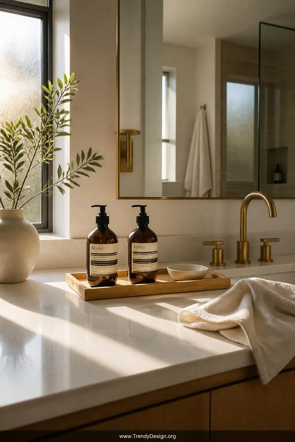 Wide shot of a serene bathroom countertop mid-reset, a white microfiber cloth draped beside a freshly wiped pale oak tray hol