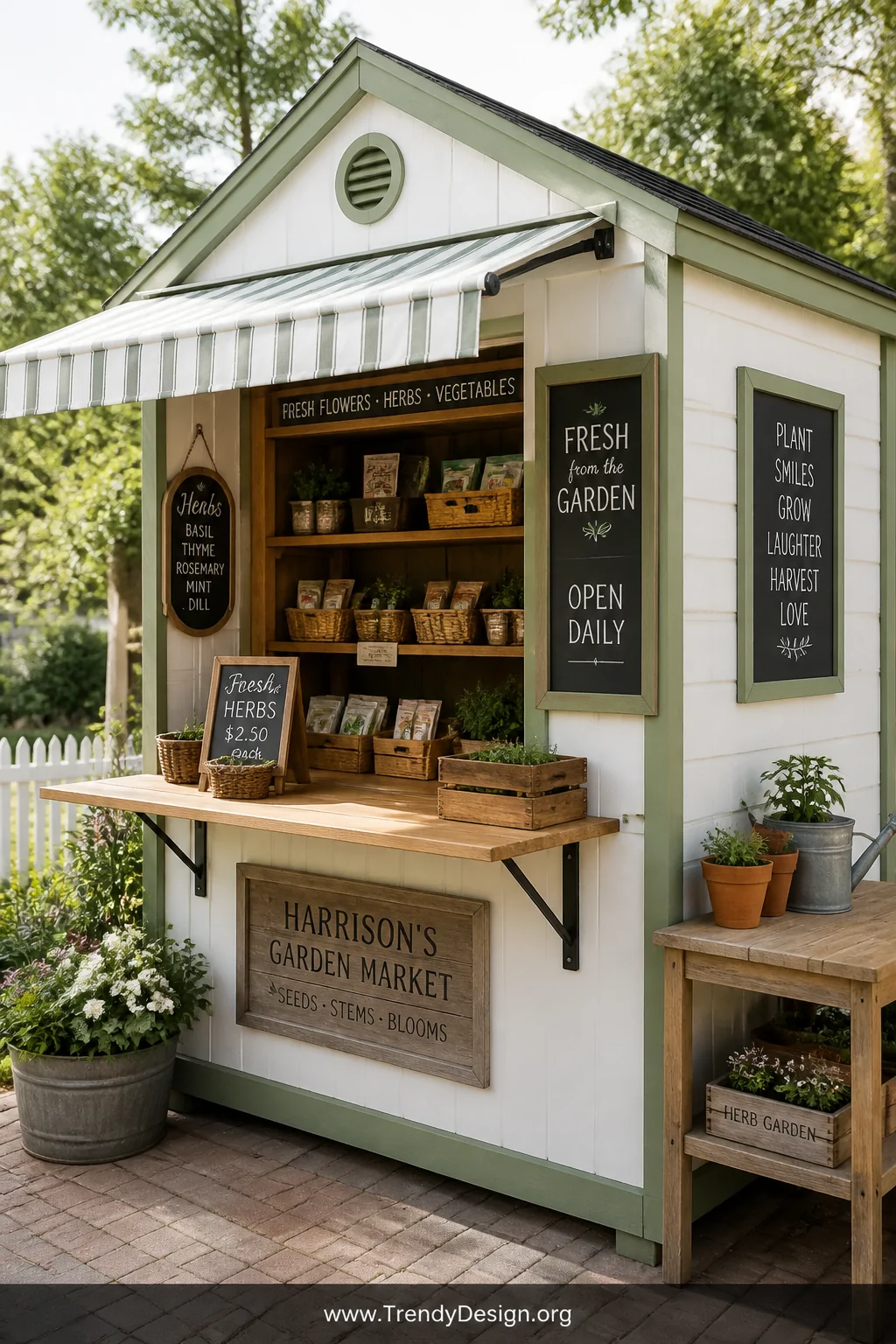 Medium exterior shot of a garden market stand playhouse painted in fresh white and sage green, with a wide fold-down wooden c