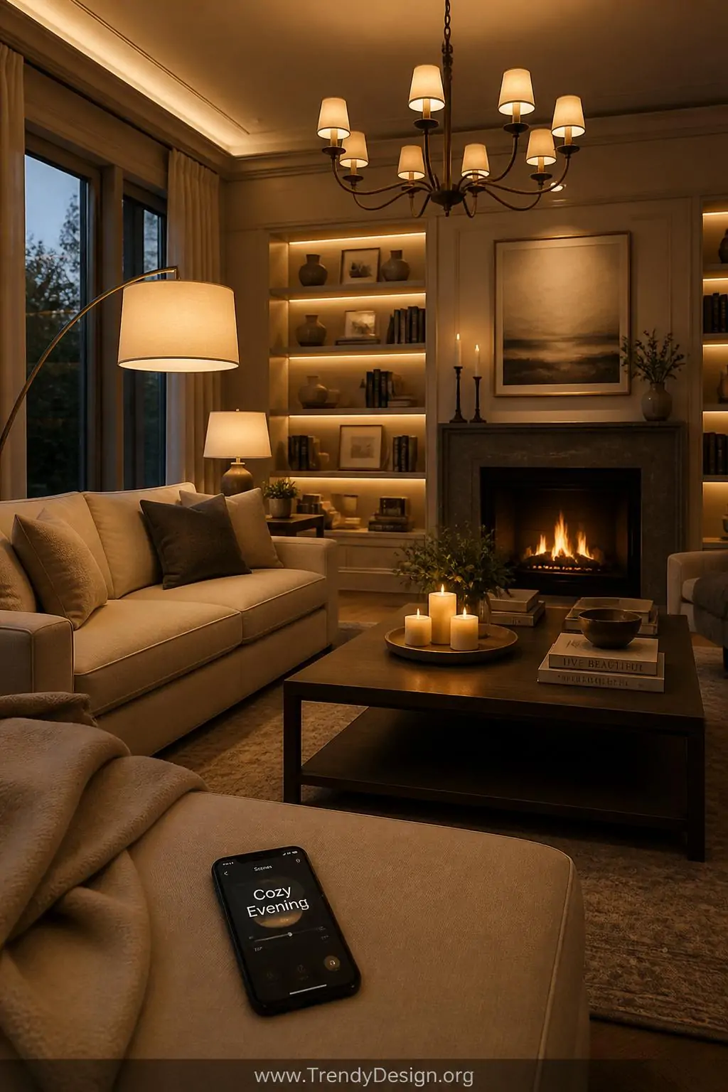 Wide shot of a complete layered living room at dusk with every light source active simultaneously   a dimmed chandelier overh