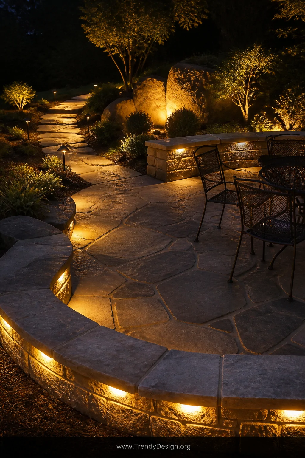 Wide photorealistic shot of a stone-bordered patio at night with warm amber low-voltage LED lights tucked between border ston