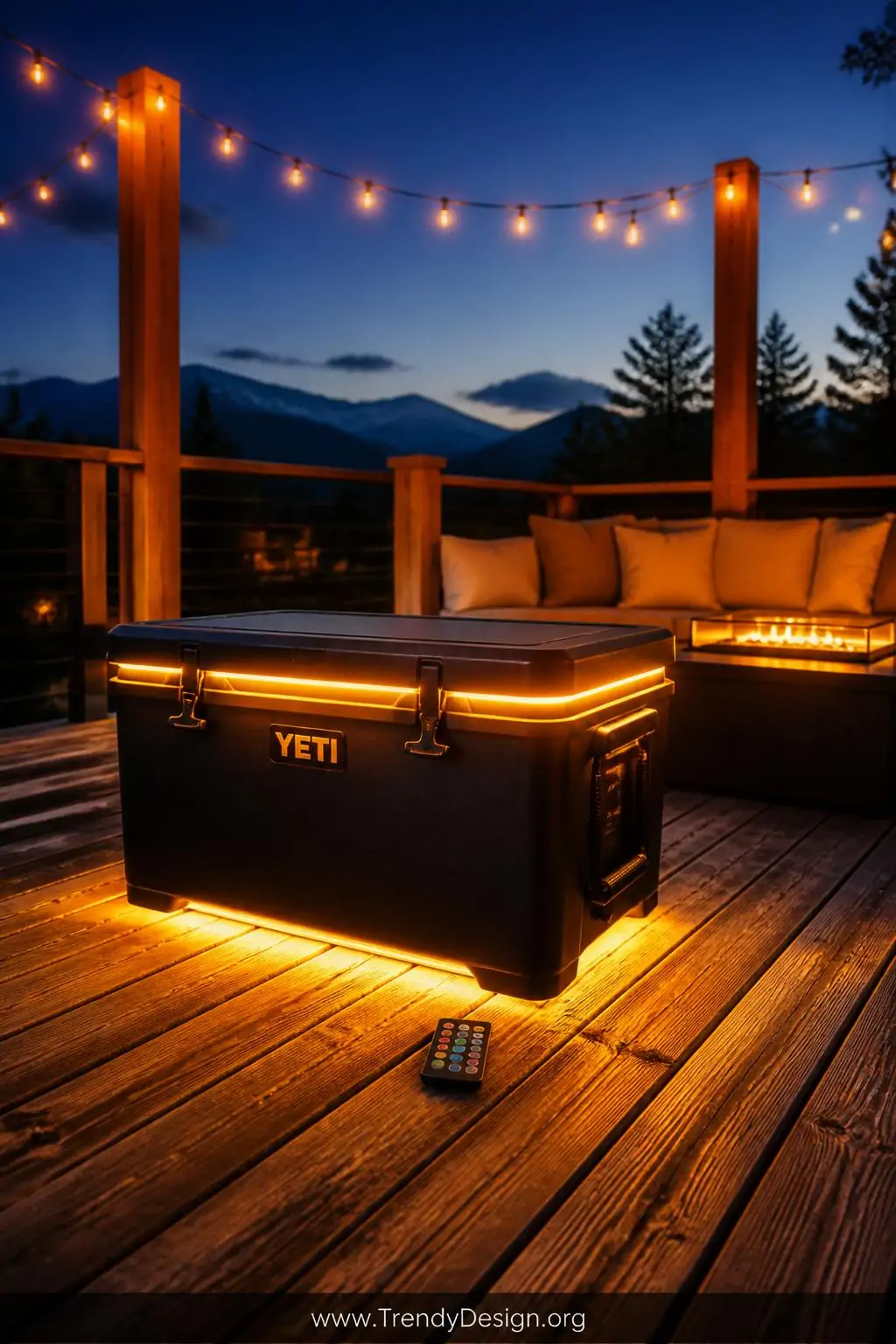 A dark charcoal hard-sided cooler glowing from within and beneath from warm amber LED strip lights, casting a dramatic golden
