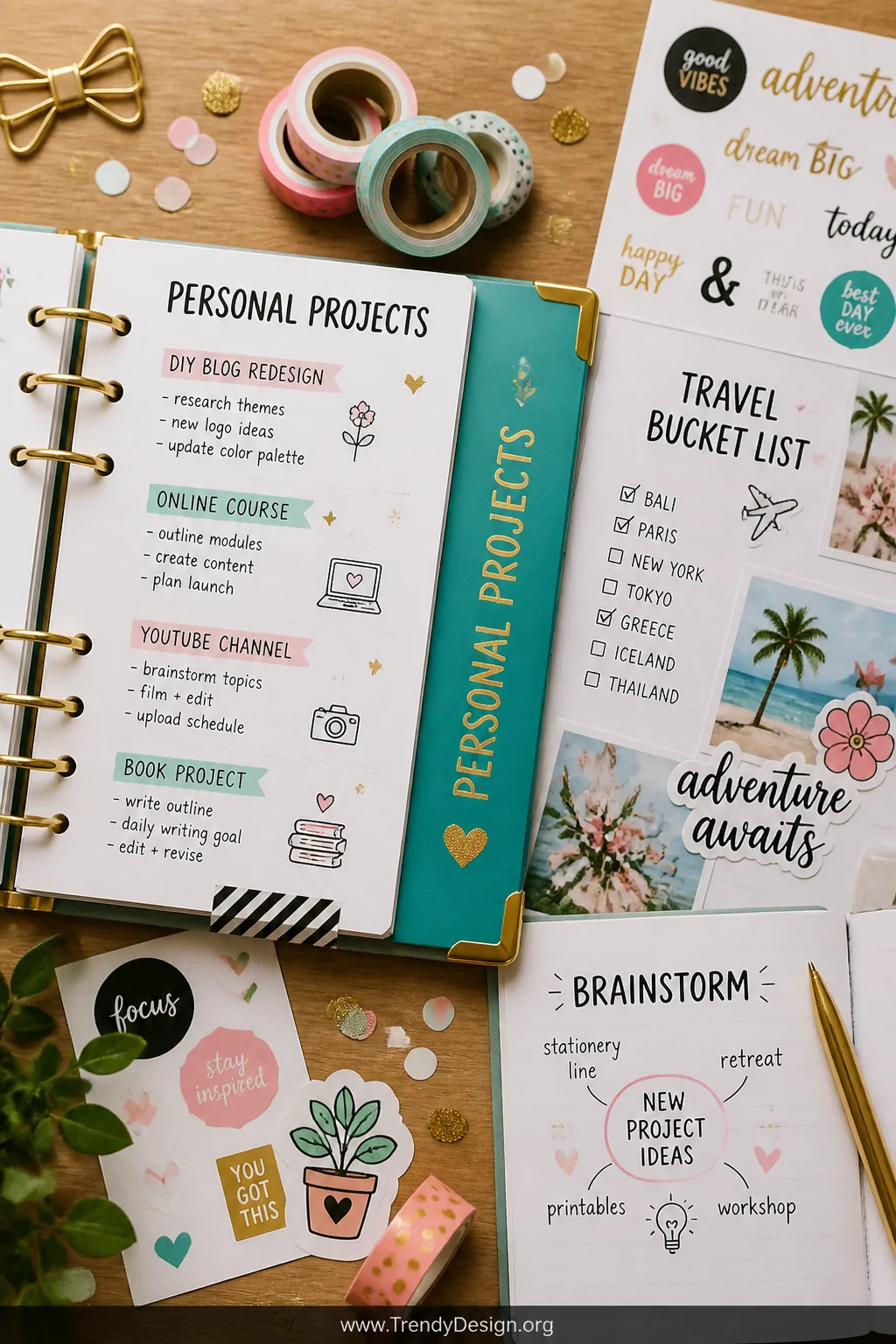 A close-up flat lay of a creatively decorated planner section open to a personal projects tab, surrounded by colorful washi t