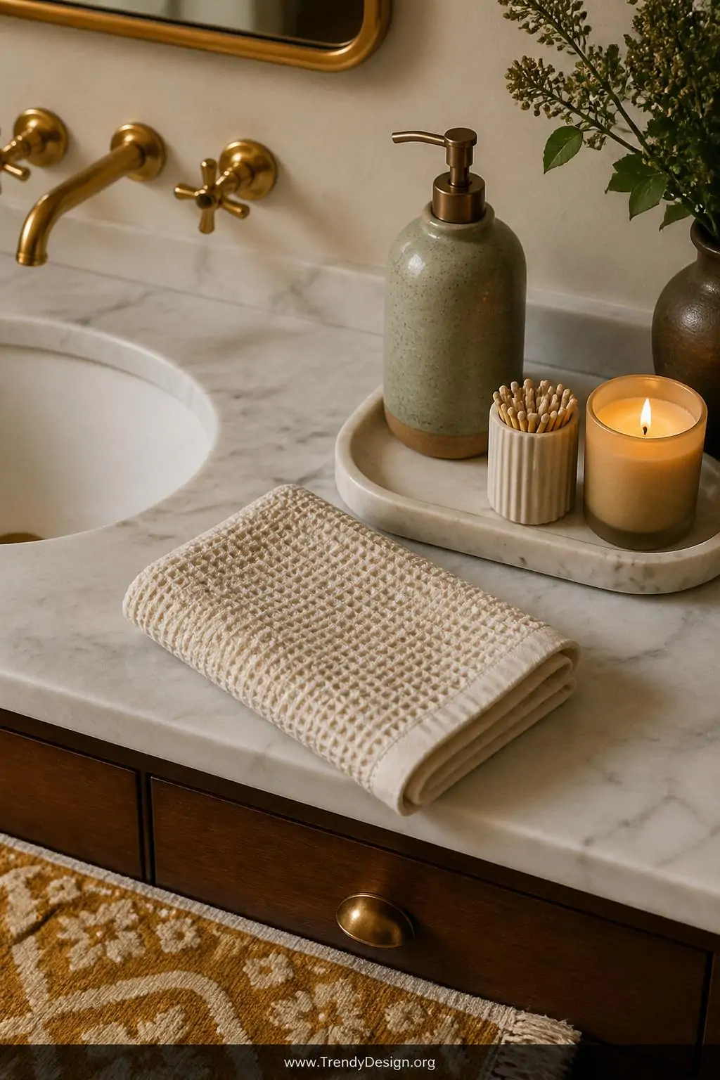 Closeup shot of a powder room countertop styling vignette featuring a folded waffle-knit linen hand towel in warm ivory, a ha