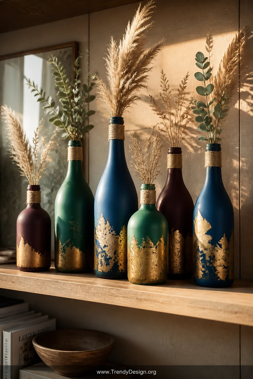 Medium shot of a styled wooden shelf displaying a cluster of upcycled glass bottle vases in varying heights, finished in deep