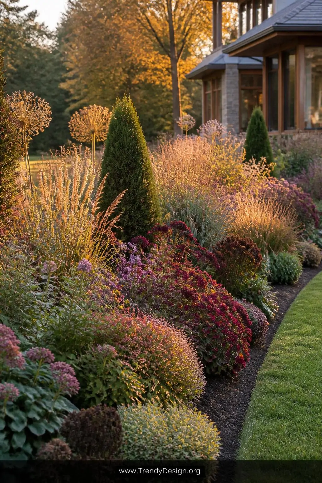 Wide shot of a year-round seasonal rotation border photographed in autumn transition, fading summer roses and lavender giving