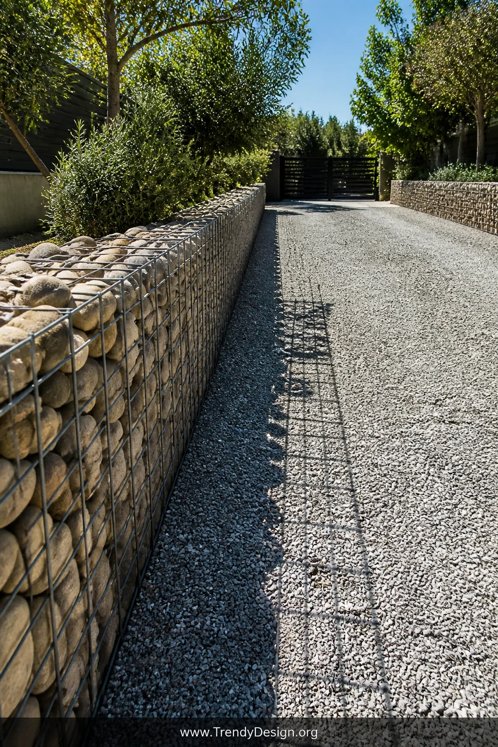 A wide shot of low gabion wire basket walls running along both sides of a gravel driveway, wire cages packed densely with smo