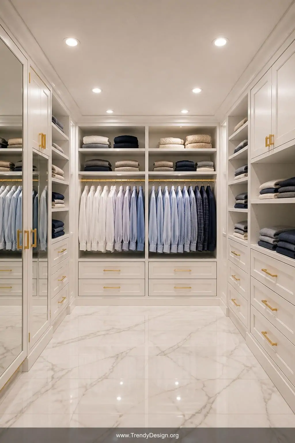 Wide shot of a custom built-in closet renovation with six evenly spaced recessed can lights flush with a smooth white ceiling